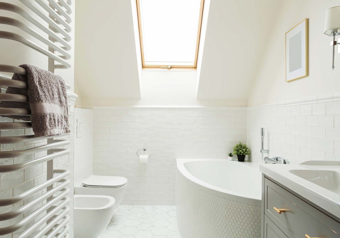 Home bathroom before and after renovation. Interior design - scandinavian style. Small attic bathroom before and after renovation. White bright neutral colors - scandinavian style. Architecture, home staging and interior design - country home