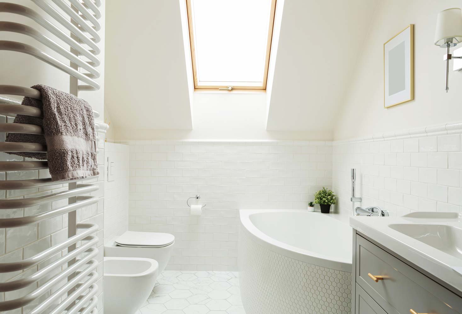 Home bathroom before and after renovation. Interior design - scandinavian style. Small attic bathroom before and after renovation. White bright neutral colors - scandinavian style. Architecture, home staging and interior design - country home